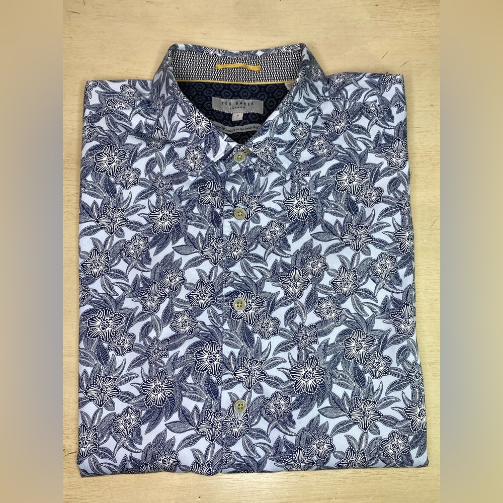 Ted Baker London Dress Shirt Black Mens 6 Hibiscus Floral Hawaiian Modern Fit